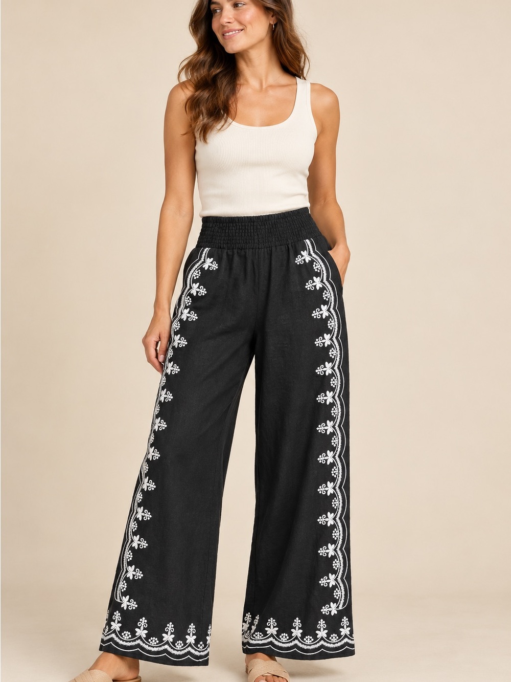 Tahari Black Wide-Leg Pants with White Embroidery